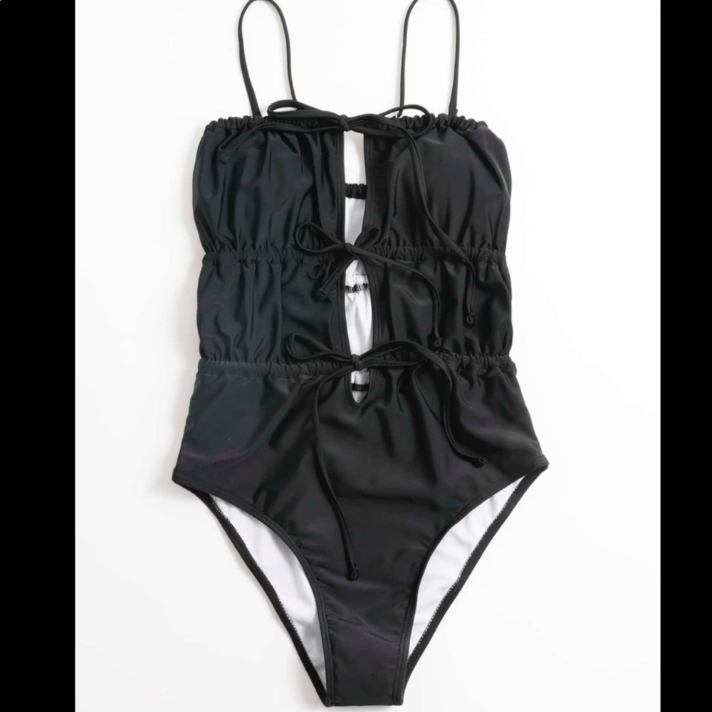 Drawstring tie front one piece swimsuit
